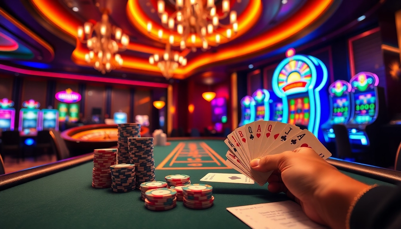 Experience excitement at sky88 thể thao with a vibrant casino scene featuring poker and roulette.