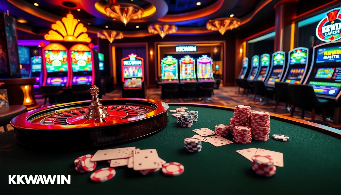 Visualize a high-stakes casino scene with roulette, cards, and KKWIN branding.