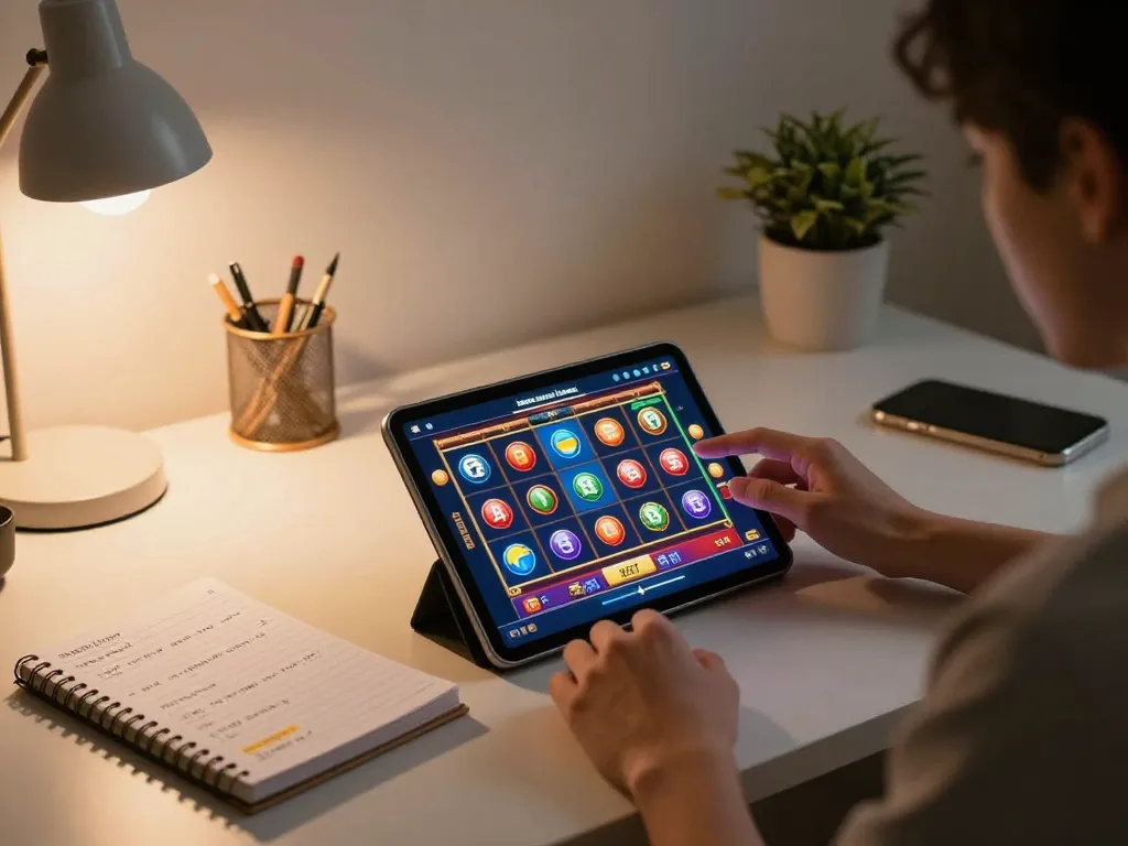Engaging in thrilling slot games at snk88 using a tablet in a cozy home office.