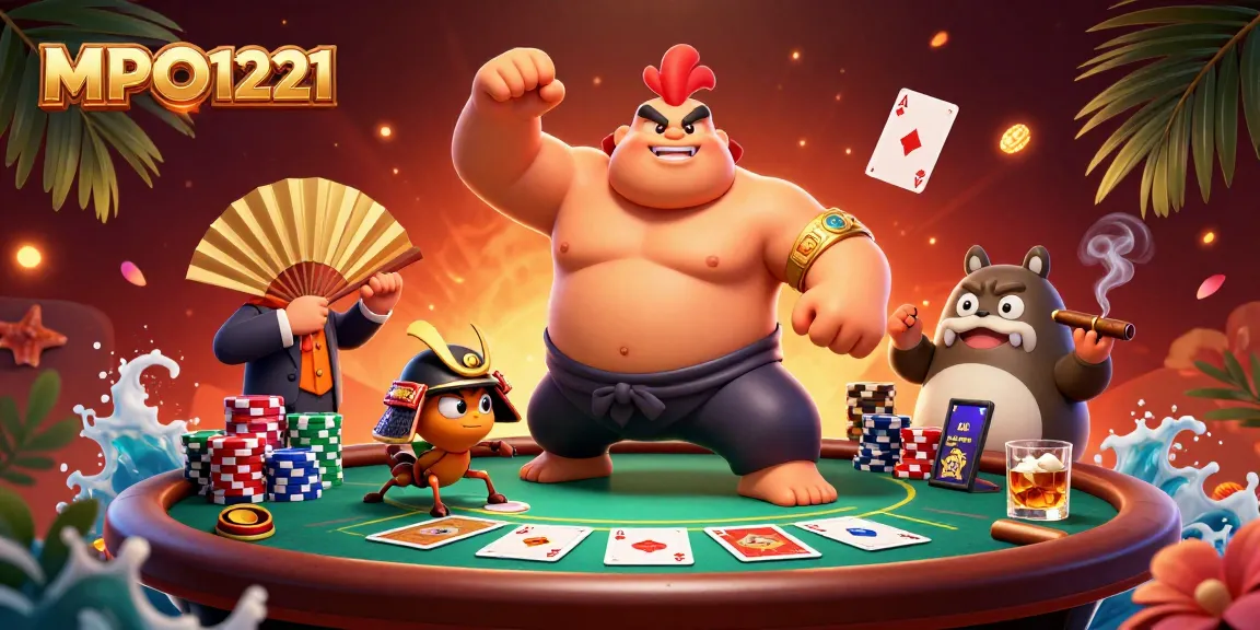 MPO1221 menampilkan adegan yang menarik dengan seekor ayam sumo yang kuat dan jangkrik samurai bertarung di antara elemen poker yang penuh warna.