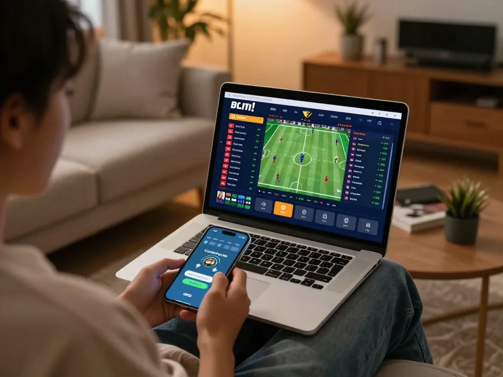 Player placing bets on LV88 sports betting interface in a cozy living room