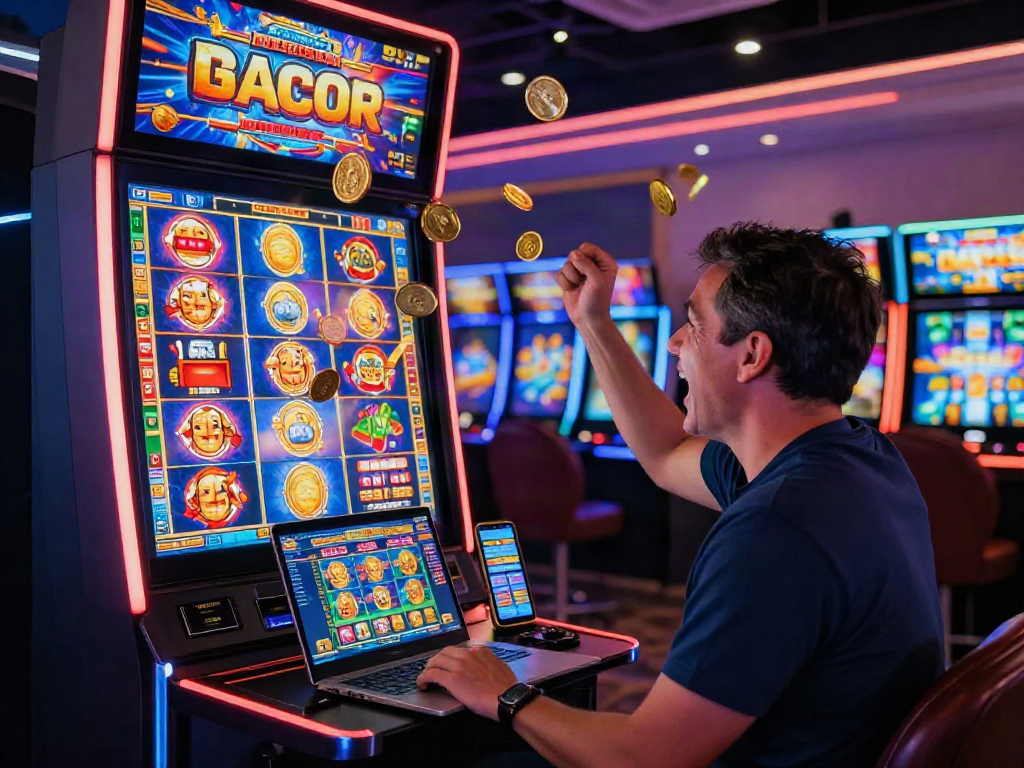 Player enjoying a slot gacor game in a vibrant online casino atmosphere with bright lights and interactive graphics.