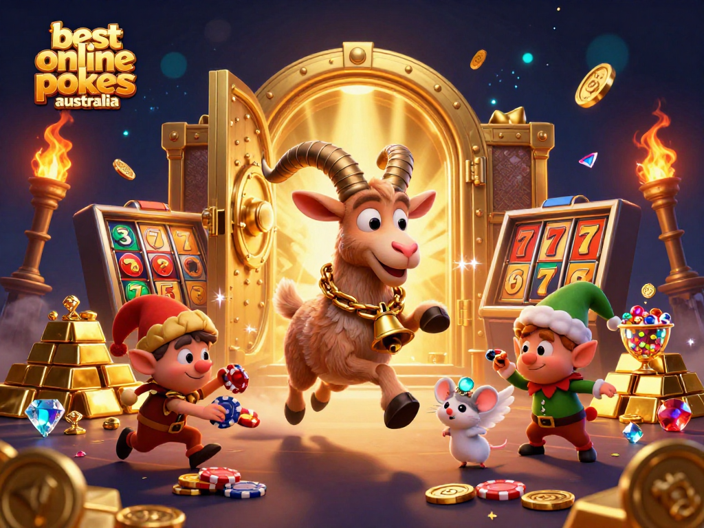 Experience the thrill of the best online pokies Australia with festive characters amid a vibrant casino setting.