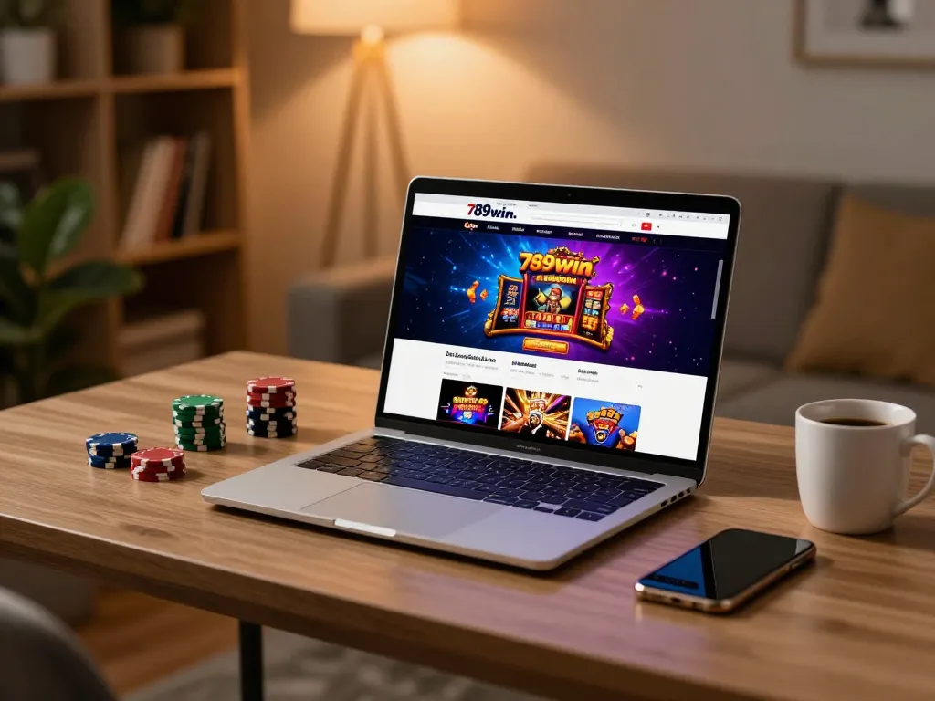 Engaging online gaming scene highlighting 789win. com with vibrant casino games on laptop.
