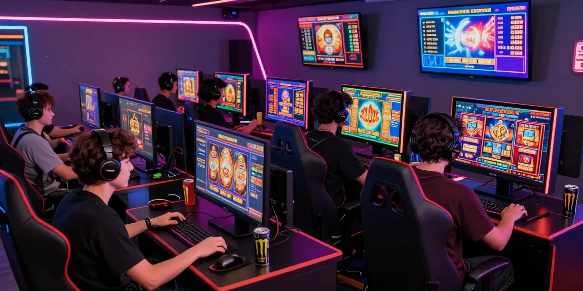 Players enjoying osaka88 slot games in a vibrant gaming lounge with neon lights and high-tech equipment.