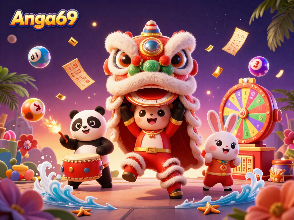 Experience Angka69 with vibrant characters and lottery elements in a lively casino-themed scene.