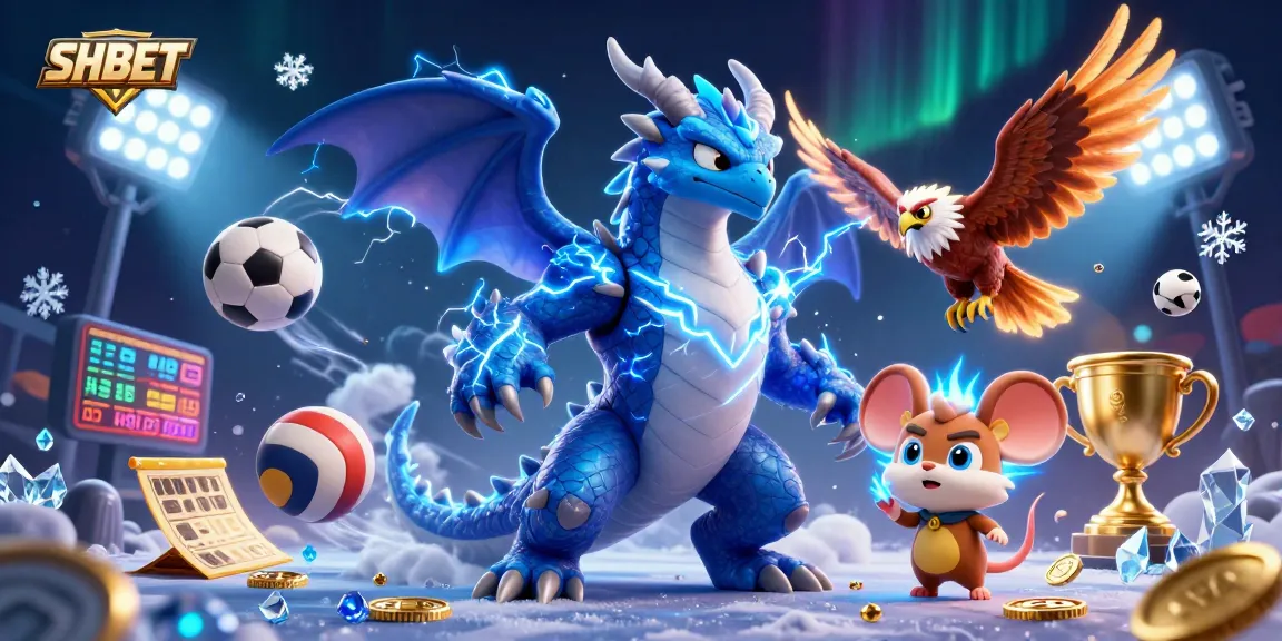 Bet on SHBET with a vibrant 3D illustration featuring a dynamic thunder dragon and sports elements.