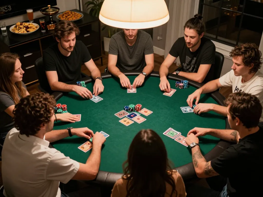 Players enjoying a poker night at home, focusing on cm88 strategies and community cards.