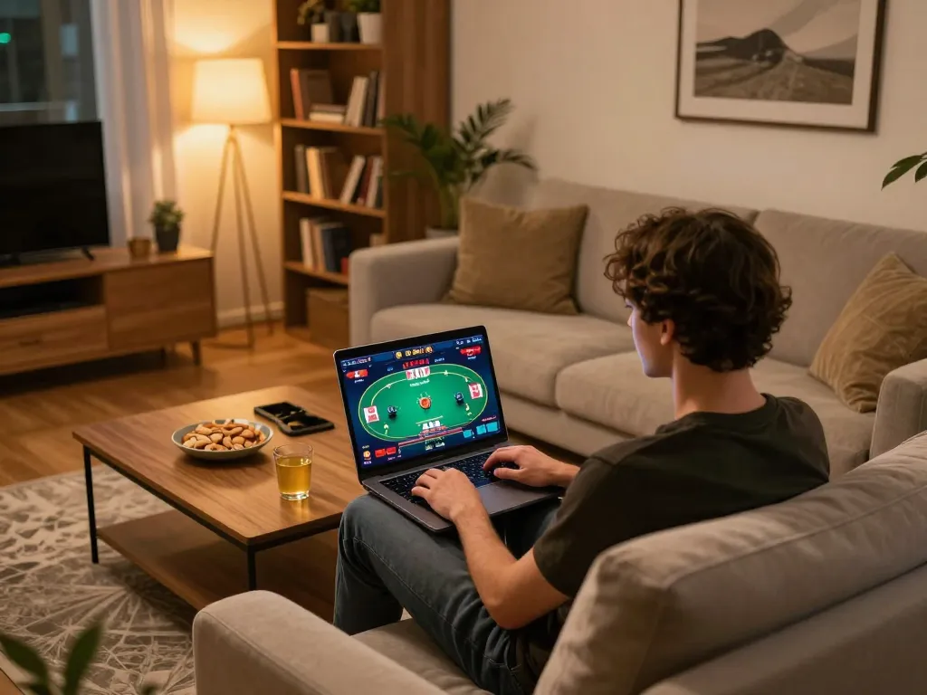 Person enjoying online poker at home through ho88 platform in a cozy living space