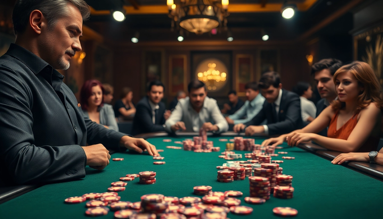 Engaging scene of players at a poker table in 18vip casino, showcasing intense gameplay.