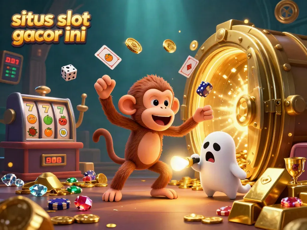 Menang besar dengan permainan di situs slot gacor hari ini, karakter lucu menjelajahi kasino bertema yang penuh gemerlap.