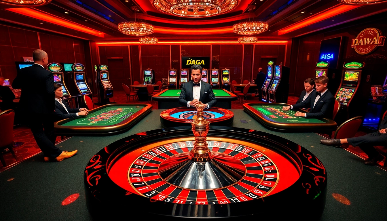 Daga casino scene showcasing a vibrant roulette table with elegant players and colorful slot machines.