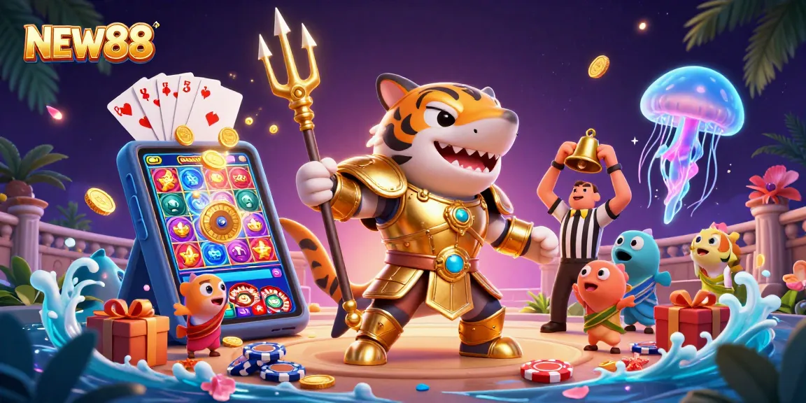Experience thrilling gameplay at NEW88 with a vibrant underwater scene of a gladiator tiger shark and exciting casino elements.