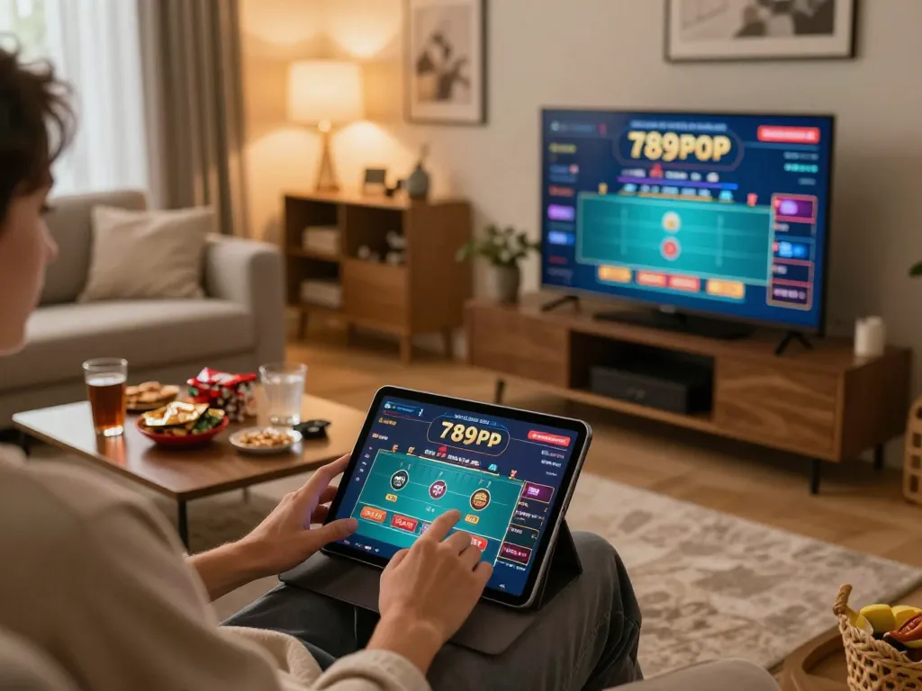 Player enjoying live dealer games on 789P in stylish home setting, conveying excitement and engagement