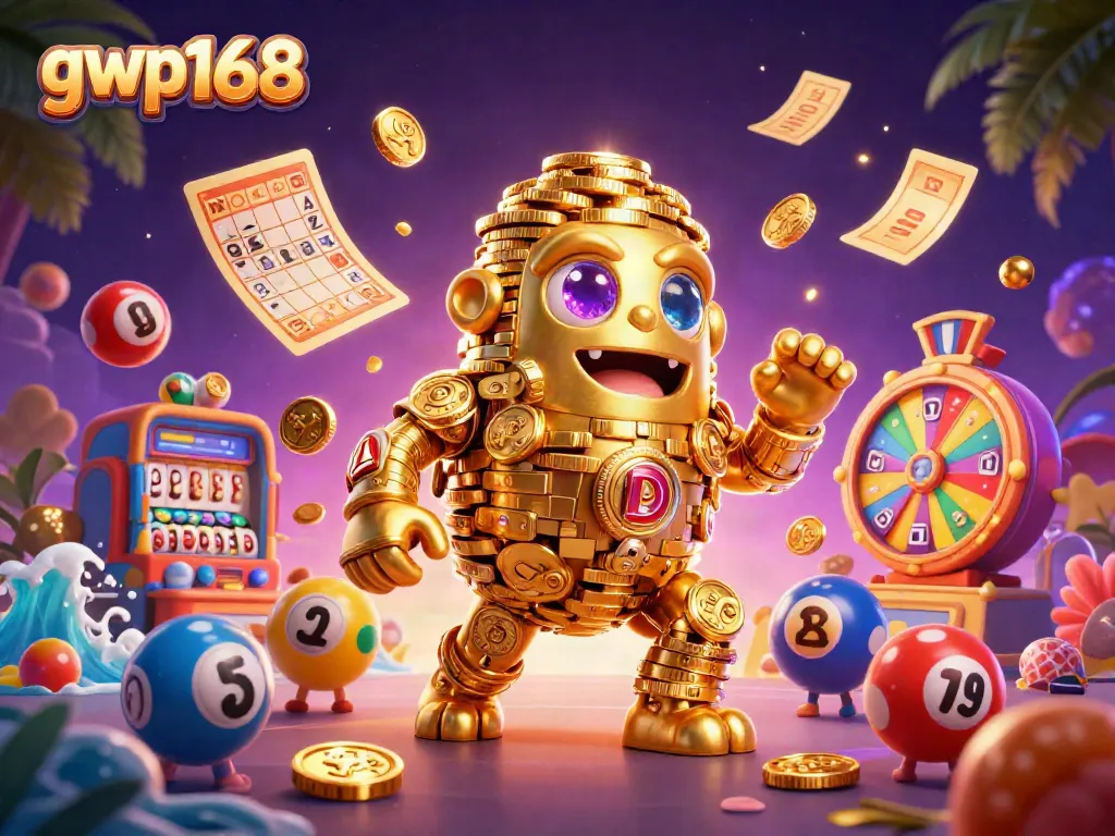 Menangkan hadiah di GWP168 dengan ilustrasi golem emas dan simbol mesin slot yang menarik.