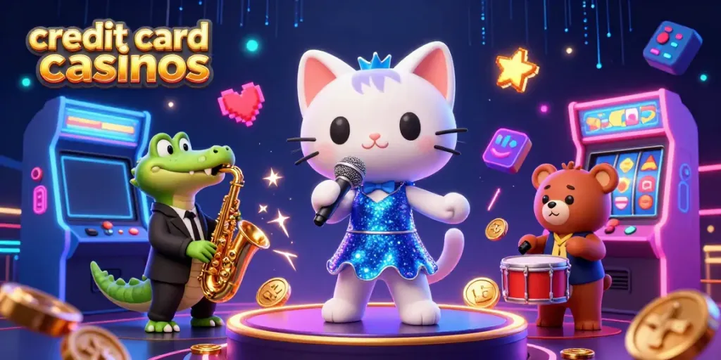 Jazz-singer cat with casino elements representing credit card casinos in a lively atmosphere.