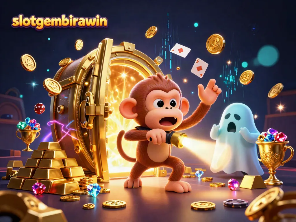 Experience the thrill of slotgembirawin with a mischievous monkey and ghost-hunter puppy in a vibrant casino.