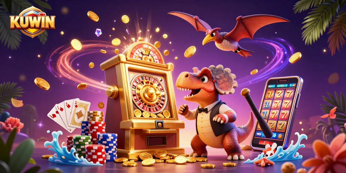 KUWIN's pachycephalosaurus wins at the slot machine amidst dazzling falling coins.