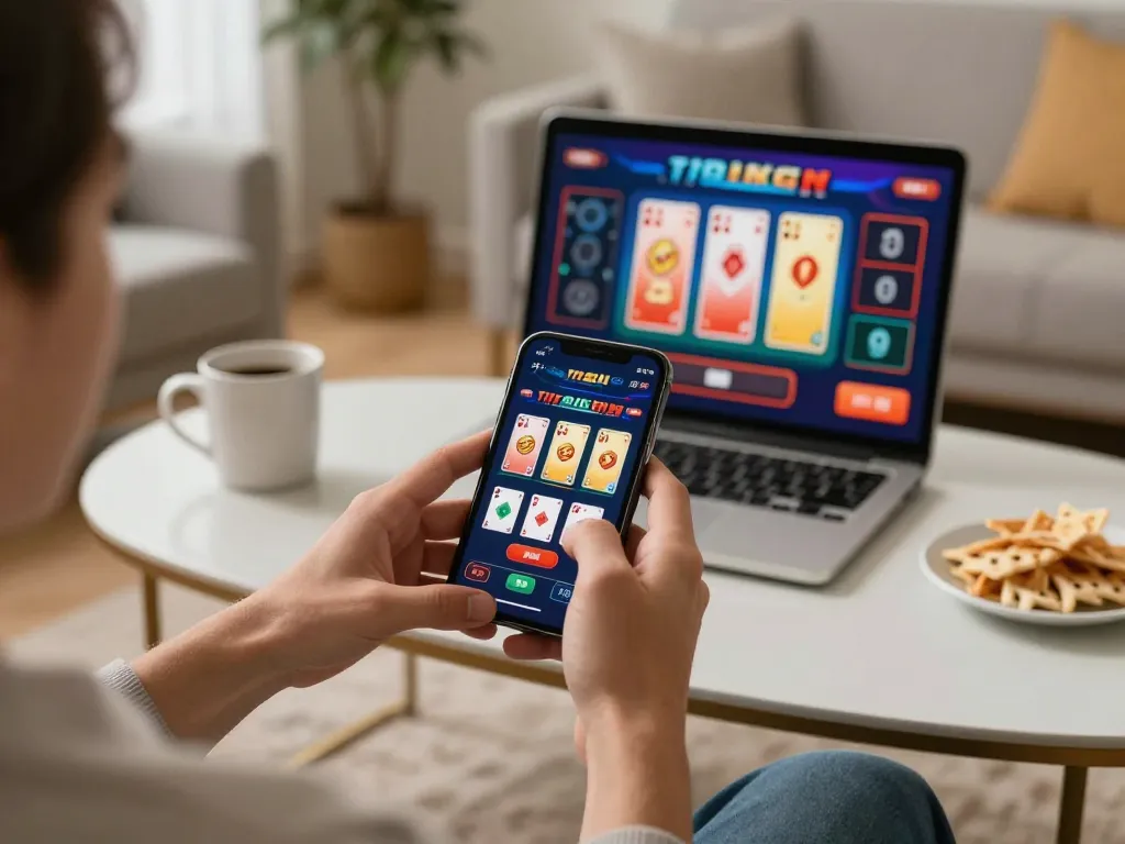 Engaging in mobile gambling with kk vin app on smartphone in a cozy living room setting