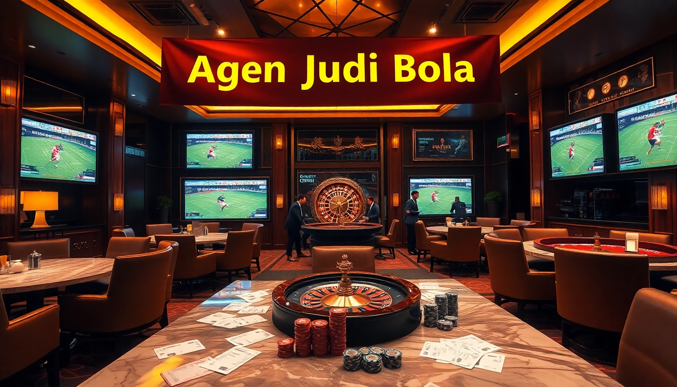 Agen Judi Bola betting lounge featuring live football matches, exciting bets, and luxury atmosphere.