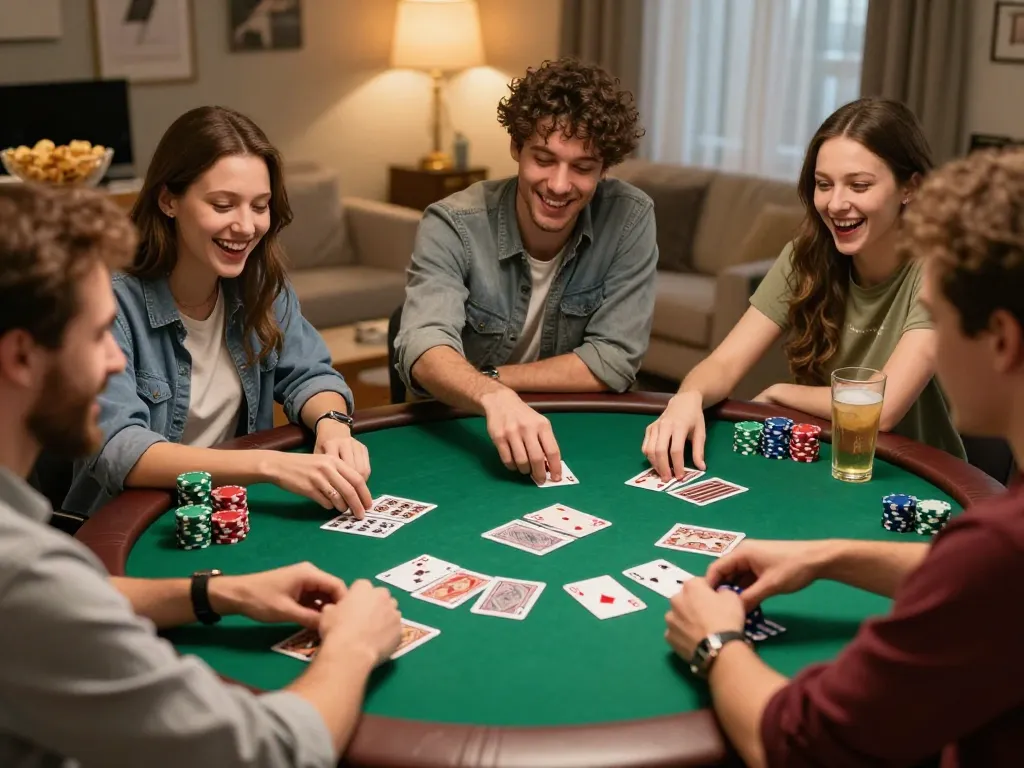 Friends enjoying a home poker night with engaging gameplay featuring 68win strategies.