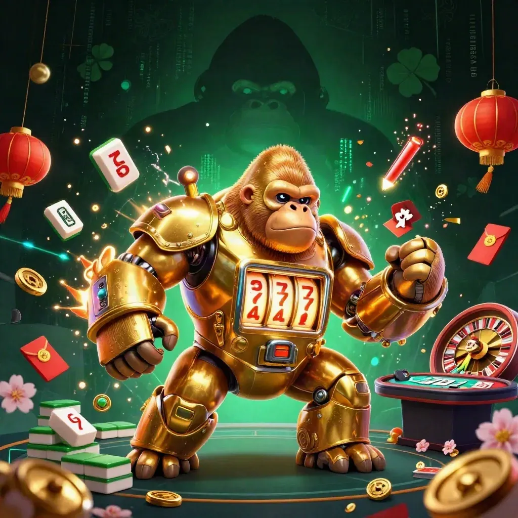 Golden gorilla mech with tiny pilot amid casino symbols, neon energy, and dark emerald luxury