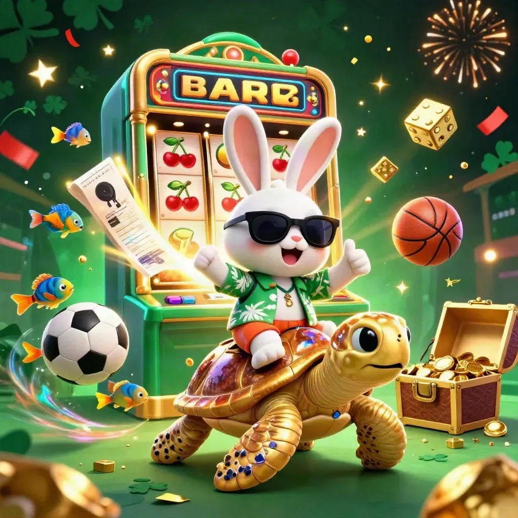 Lucky rabbit on golden sea turtle amid slot burst, soccer ball, basketball, and gold on dark casino green.