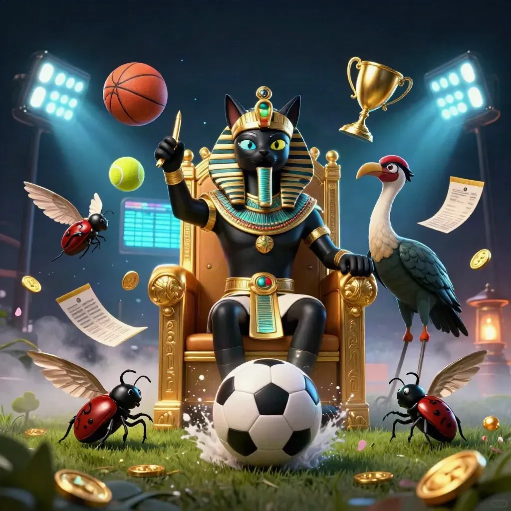 Pharaoh cat throne, ibis scribe, scarabs, flying sports balls, gold trophy, glowing lights