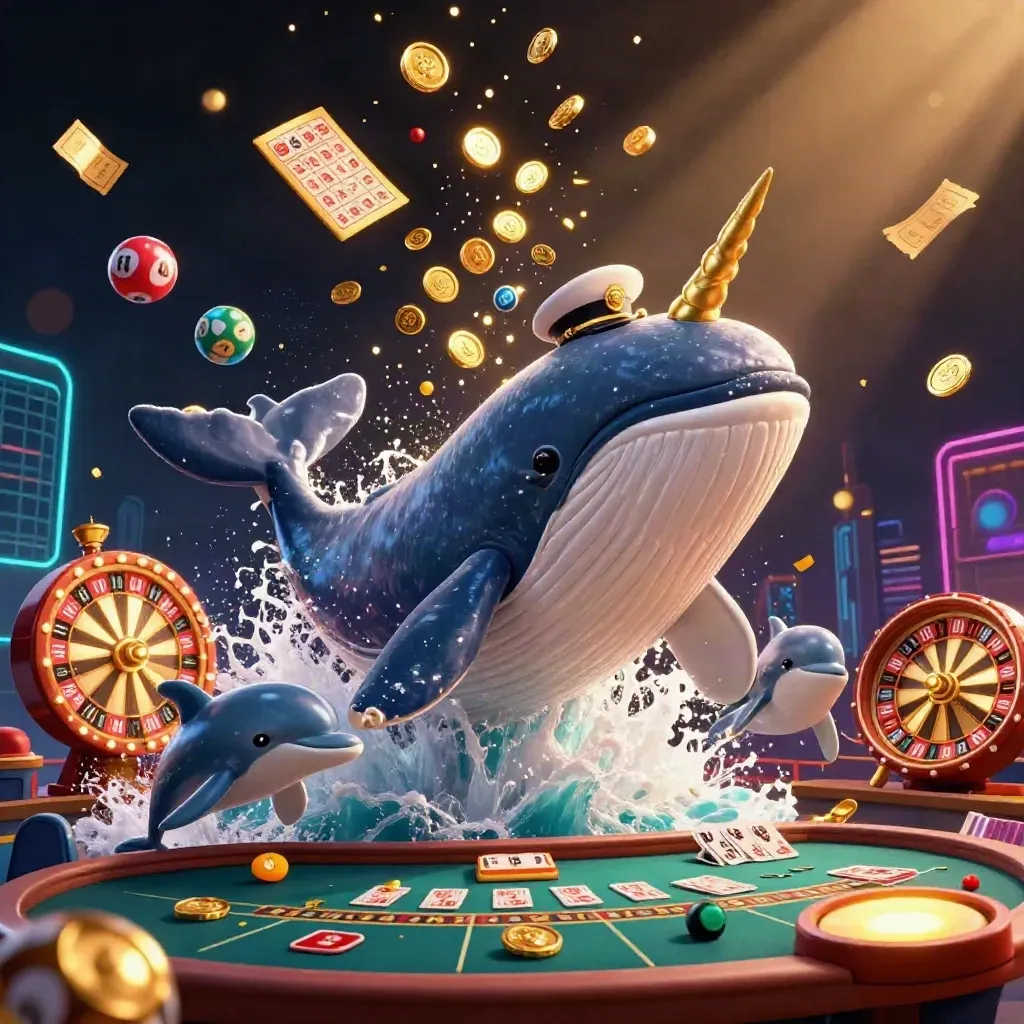 Whale captain, narwhal and dolphins burst through coins with casino props and neon lights.