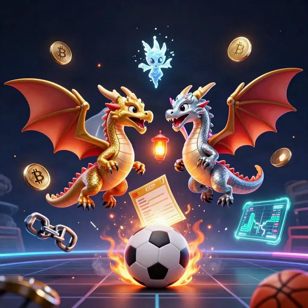 Gold and silver dragons swirl with crypto coins, sports balls, and neon casino light.