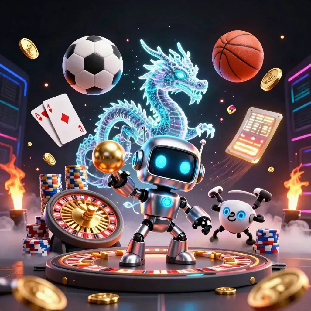 Robot mascot, holographic dragon and drone amid casino props, coins, balls and blazing neon light.