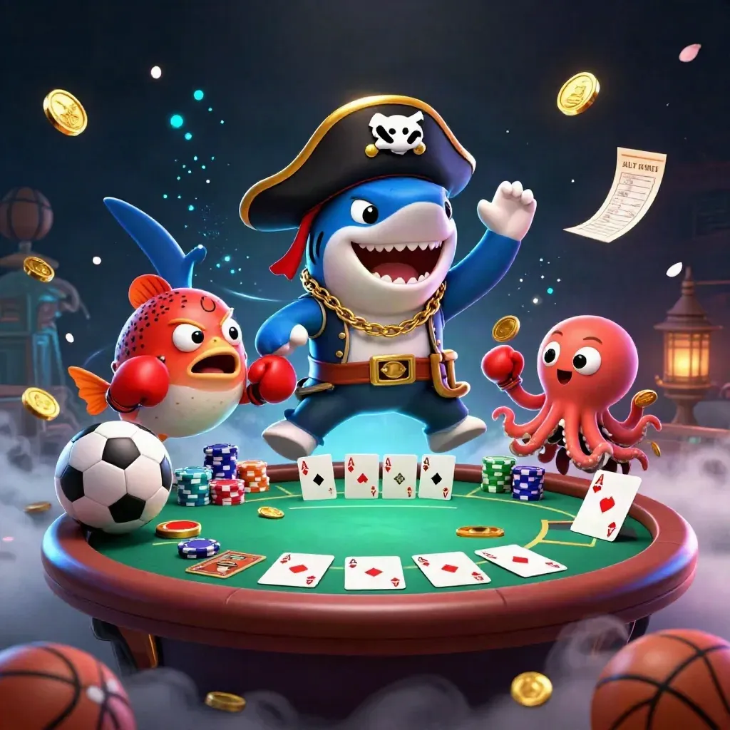 Pirate shark, red pufferfish and octopus amid casino chips, cards and teal-gold glow.