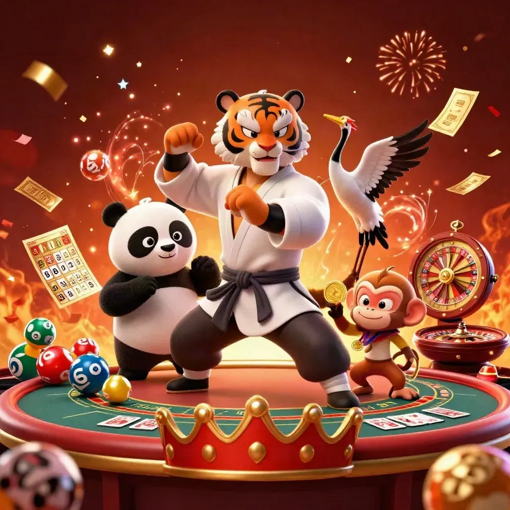 Kung-fu tiger, panda, and monkey amid casino lights, roulette, lottery balls, and confetti.