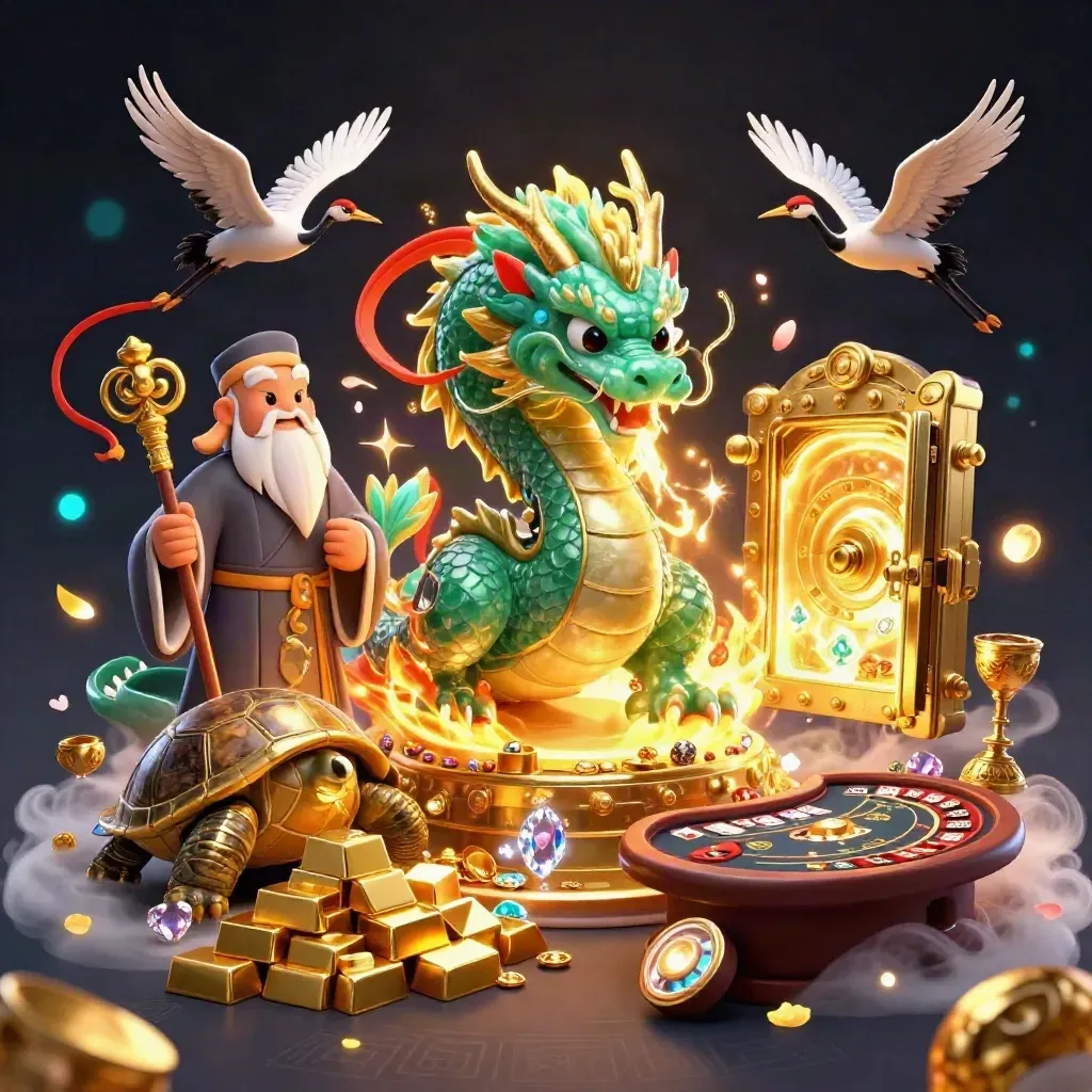 Dragon, turtle sage, and cranes amid a glowing vault of gold in a luxe casino scene