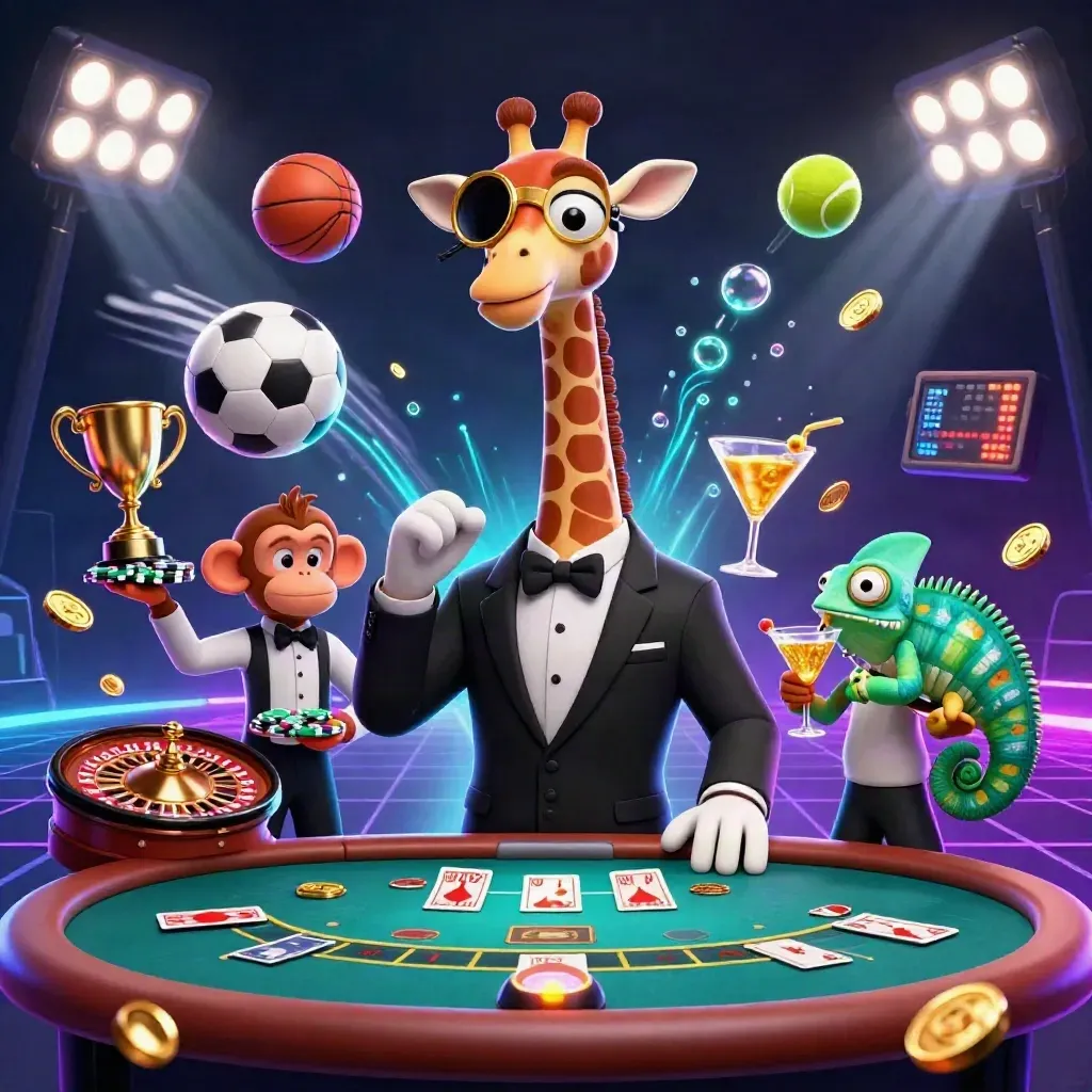 Giraffe, monkey, and chameleon in a luxe casino scene with balls, coins, and neon light