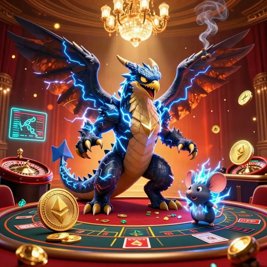 Thunder dragon, wind hawk, and thunder-mouse in a luxe casino room with glowing gaming elements.