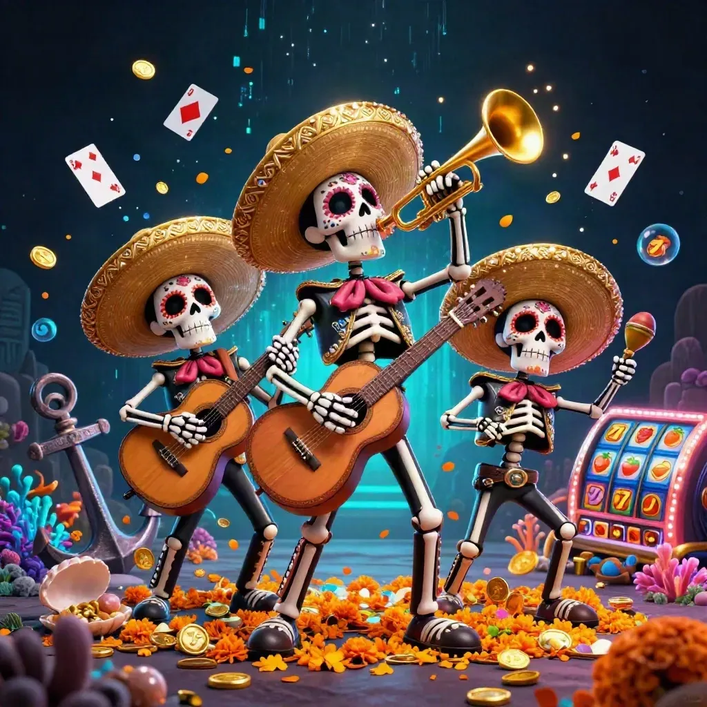Skeleton mariachi trio in a teal-lit underwater casino treasure storm