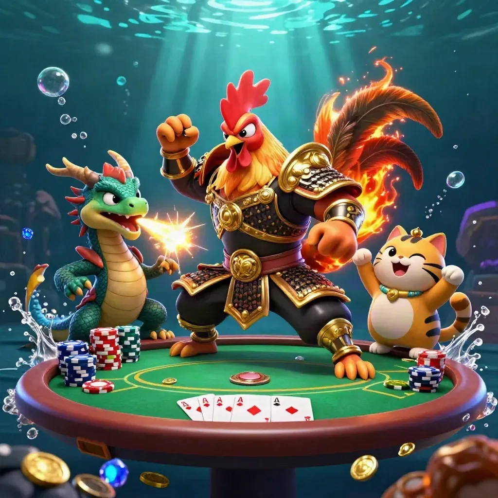Rooster warrior, dragon hatchling, and fortune cat amid chips, cards, and teal underwater glow