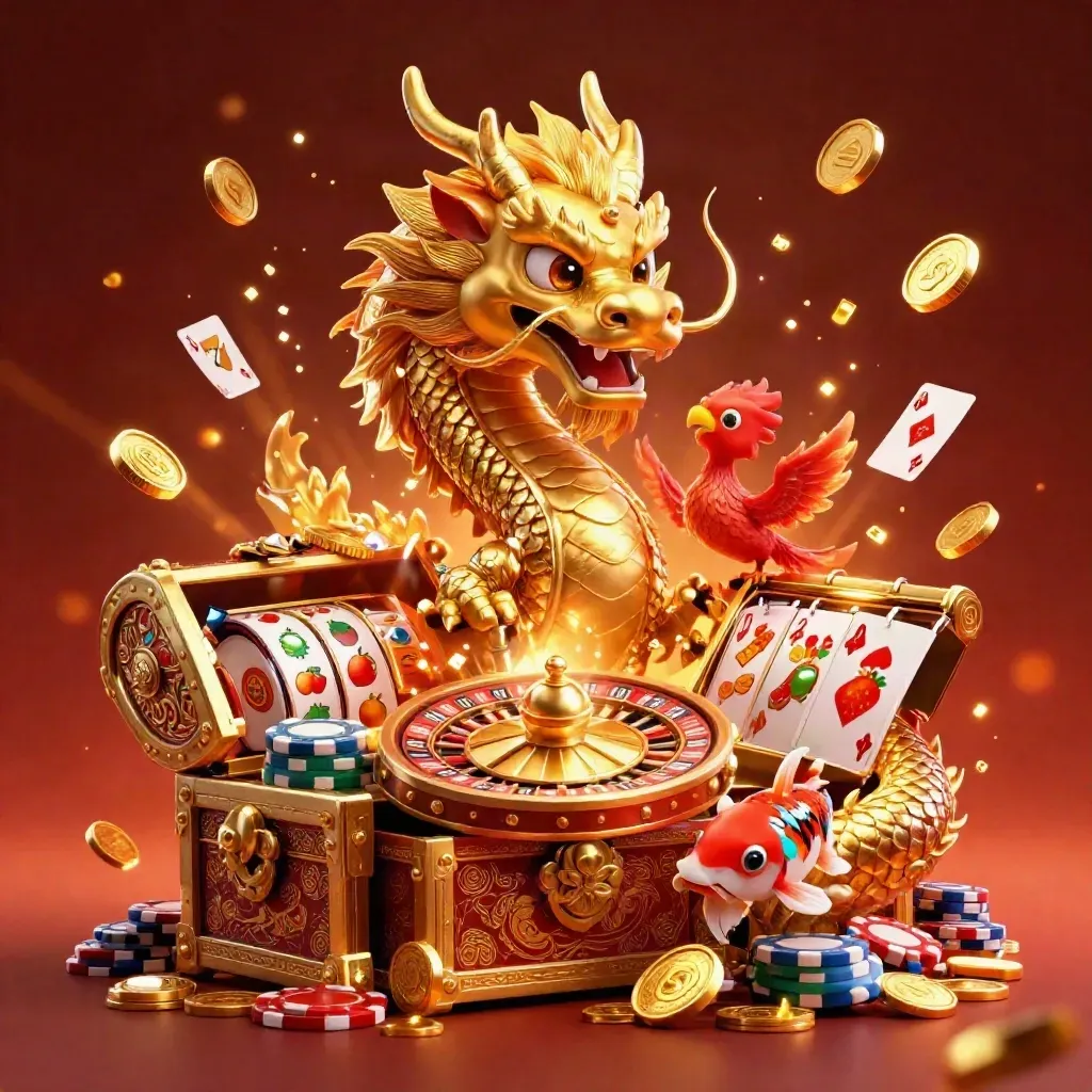 Golden dragon with phoenix and koi amid chips, cards, coins, roulette wheel, and teal glow.