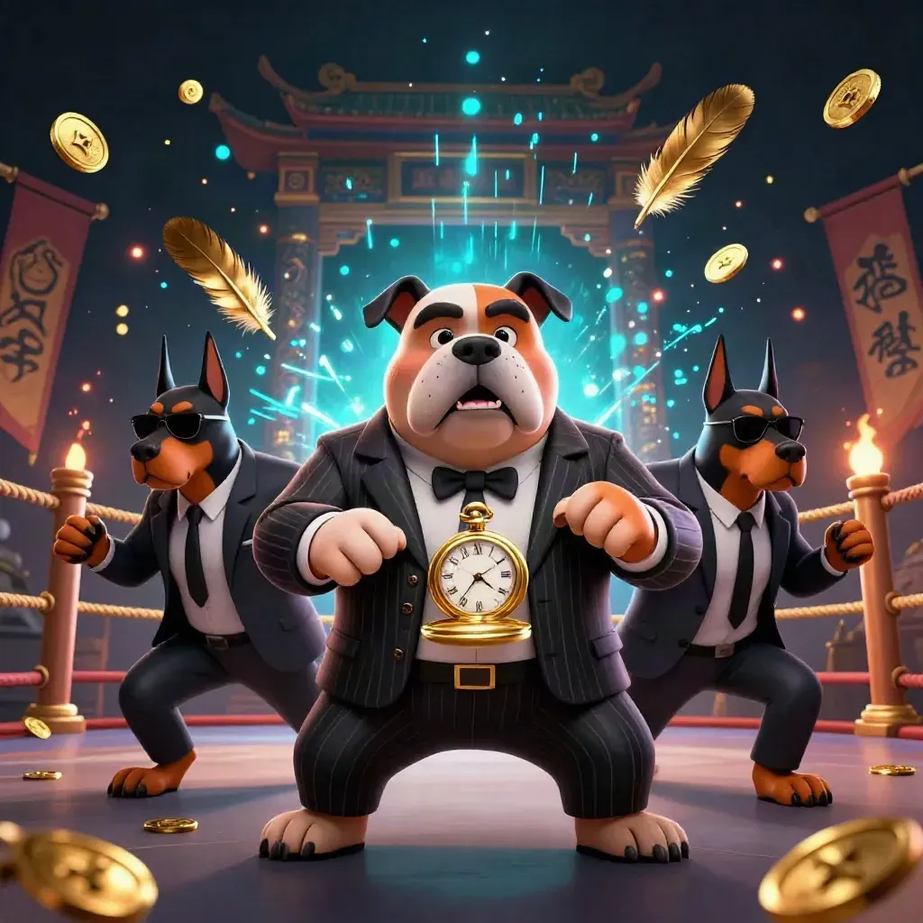 Bulldog boss and two Dobermans amid temple ruins, coins, and teal casino energy bursts