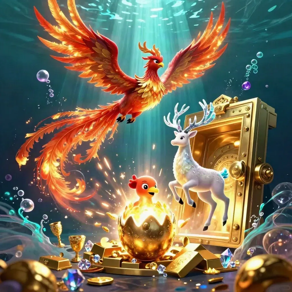 Phoenix, hatching chick, and crystal-antler stag burst from a glowing treasure vault underwater.