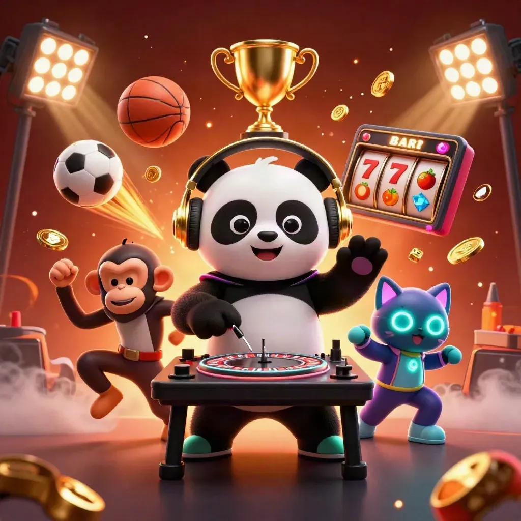 DJ panda, breakdancing monkey, and glow-stick kitten amid casino sports lights, coins, and teal neon flair