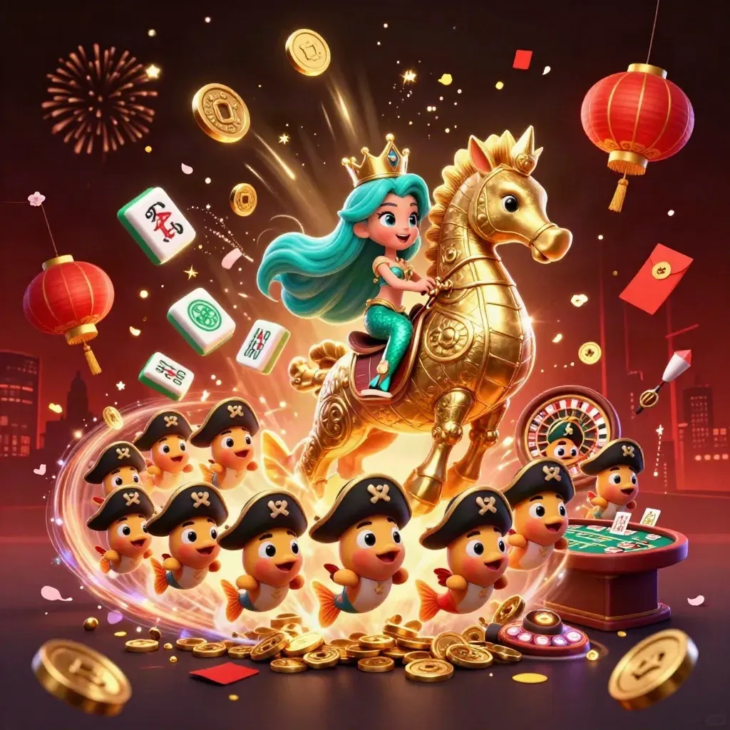 Mermaid princess on armored seahorse amid coins, lanterns, cards, fireworks, and casino magic.