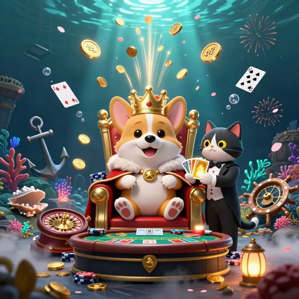 Royal corgi and cat butler amid gold coins, coral, cards, and underwater casino magic.