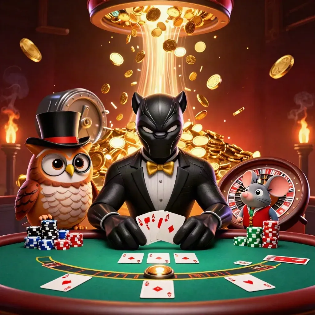 Panther, owl, and mouse celebrating amid coins, cards, chips, fireworks, and casino lights.