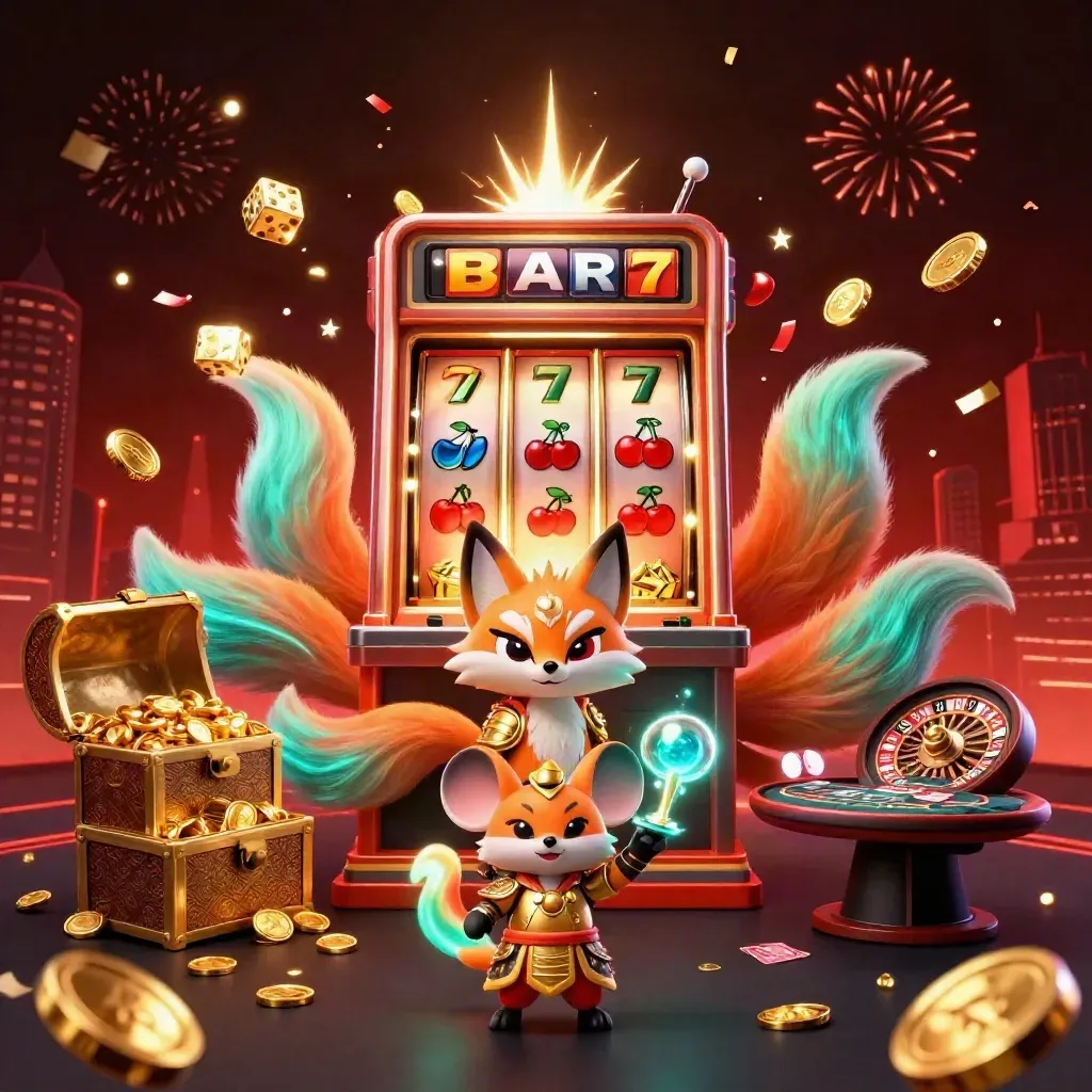Fox spirit and armored mouse amid bursting slots, coins, roulette wheel, and fireworks in luxe casino style