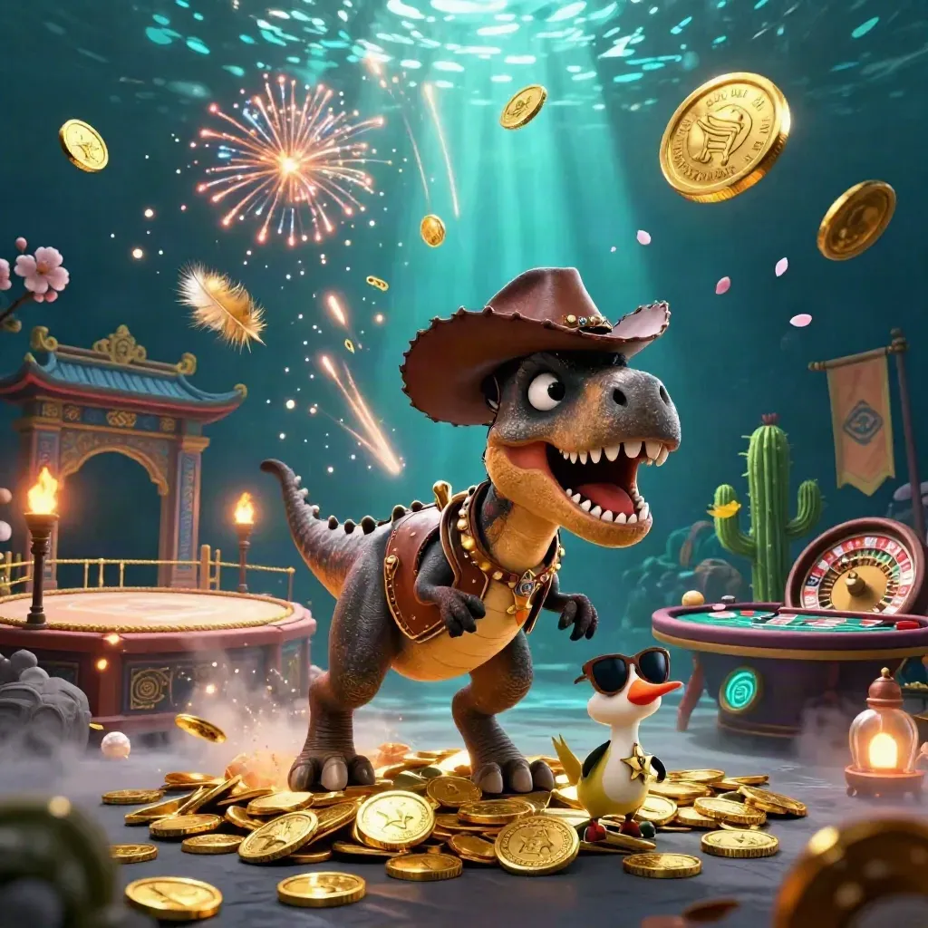 Cowboy T-Rex, cactus, and roadrunner amid coins, fireworks, and casino fantasy