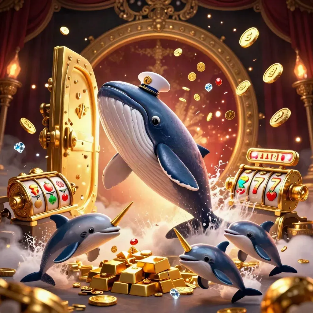 Captain whale, narwhal, and dolphins amid coins, vault light, gold, and teal casino glow