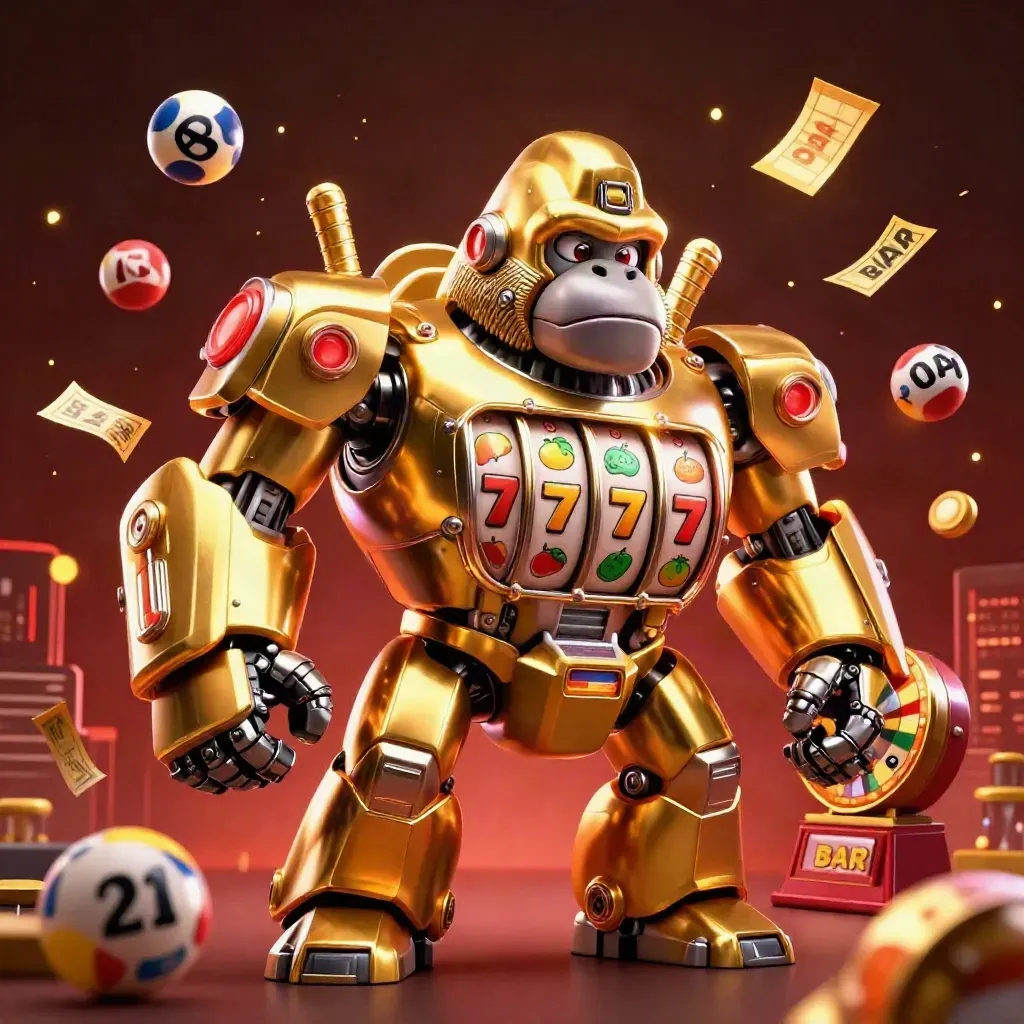 Golden gorilla slot mech with monkey pilot, reels, lottery balls, prize wheel, and red glow.