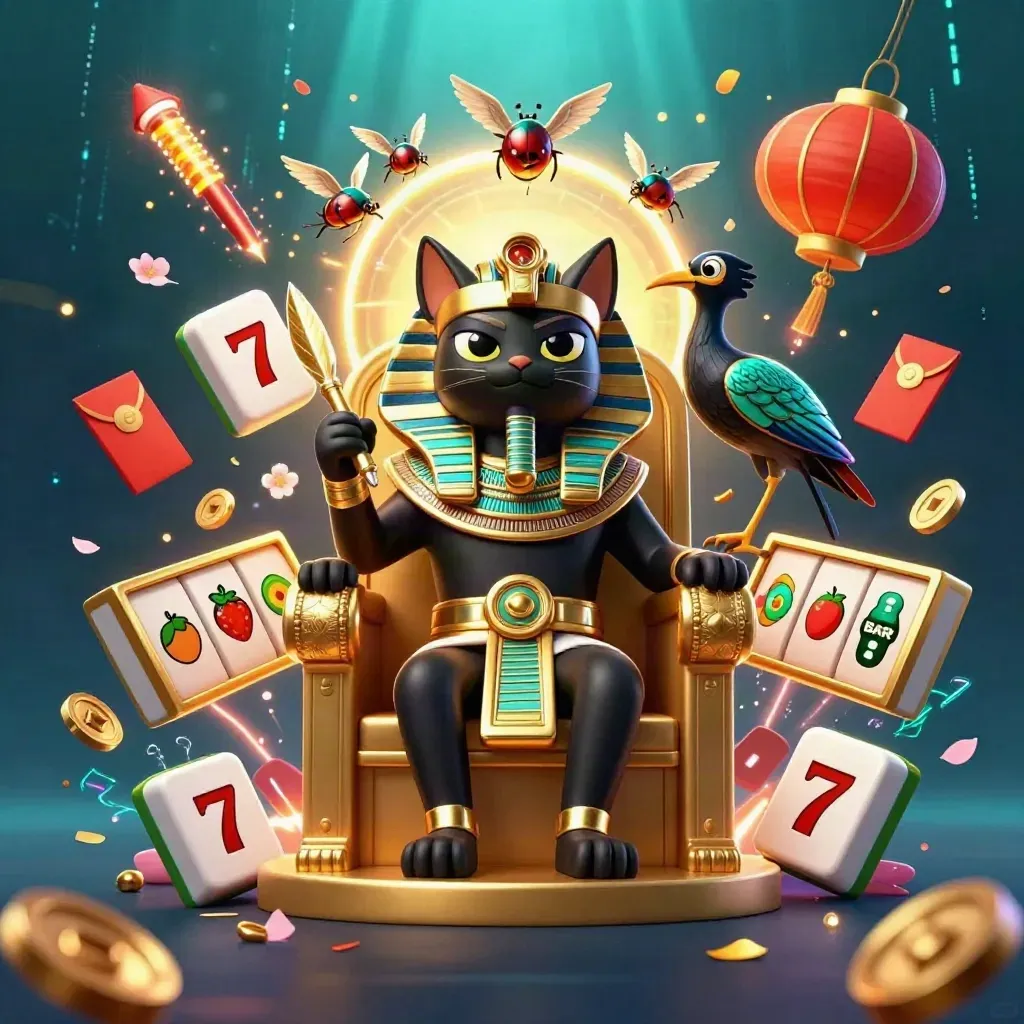 Pharaoh cat on throne with ibis scribe and gem-wing scarabs amid casino effects